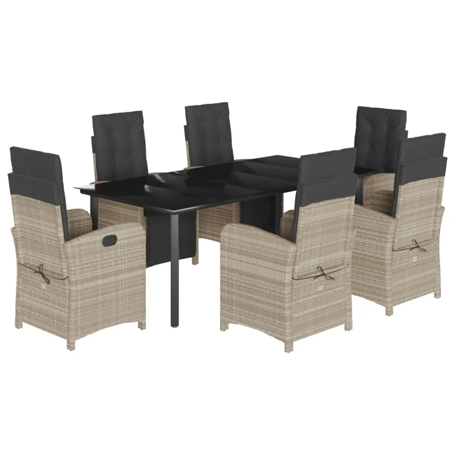 vidaXL 7-teilige Garten-Essgruppe aus Poly-Rattan mit Kissen in Hellgrau und Schwarz, Tischset mit Hartglasplatte für Garten, Hinterhof oder Balkon - Bild 2