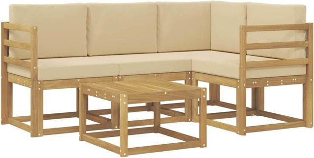 vidaXL Outdoor-Sofagarnitur aus Akazienholz in L-Form mit Kissen und Couchtisch, Weiß und Beige - Bild 1