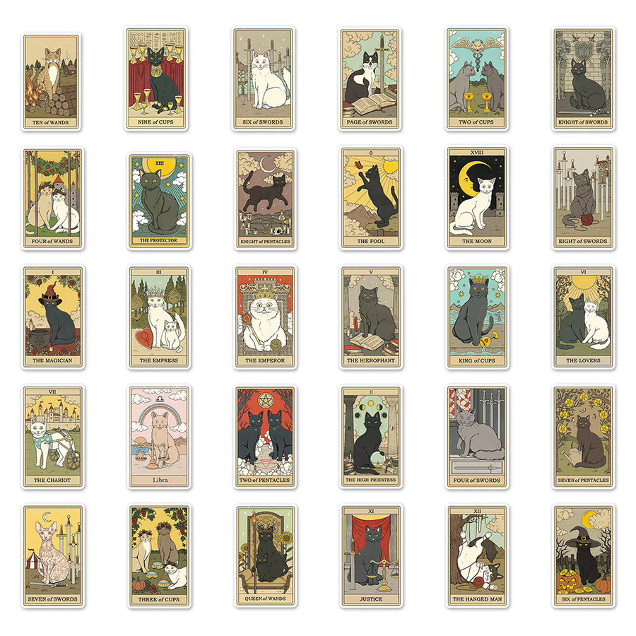 Rspctou Vintage Mysteriöse Katzen-Tarot Aufkleber Set, Wasserfeste Cartoon Sticker für Laptop, Handy und Wasserflaschen, Mehrfarbig - Bild 4