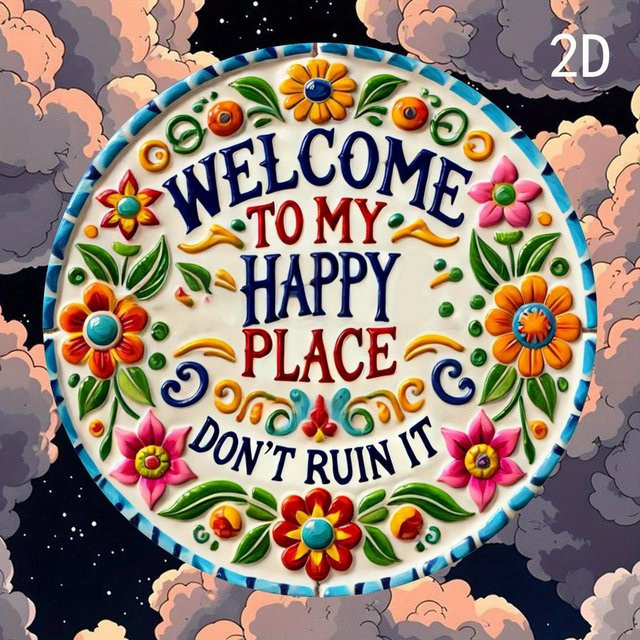 Potdemiel Wandkunst aus Aluminium Welcome to My Happy Place, rundes florales Metall-Wandbild in Mehrfarben, Durchmesser: 19,81 cm - Bild 1