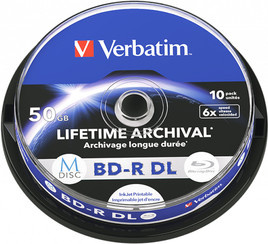 Verbatim M-Disc BD-R DL 50GB Spindel mit bedruckbarer Oberfläche für Tintenstrahldrucker, 10 Stück, Blau - Bild 1