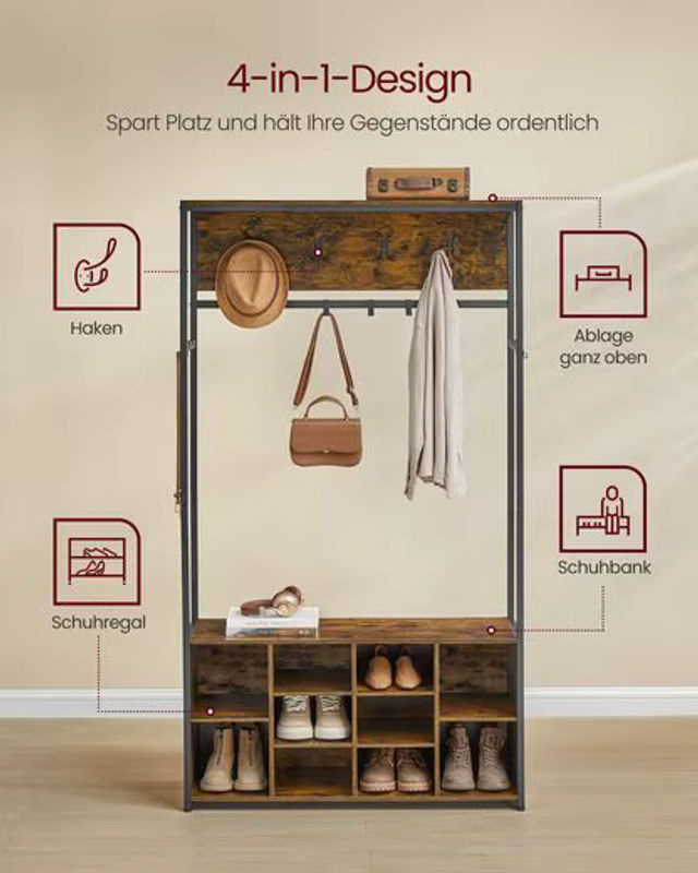 VASAGLE Garderobenständer im Industrial Design mit Schuhregal und Sitzbank, Farbe Schwarz-Braun, B/T/H: 100 x 32 x 180 cm - Bild 4