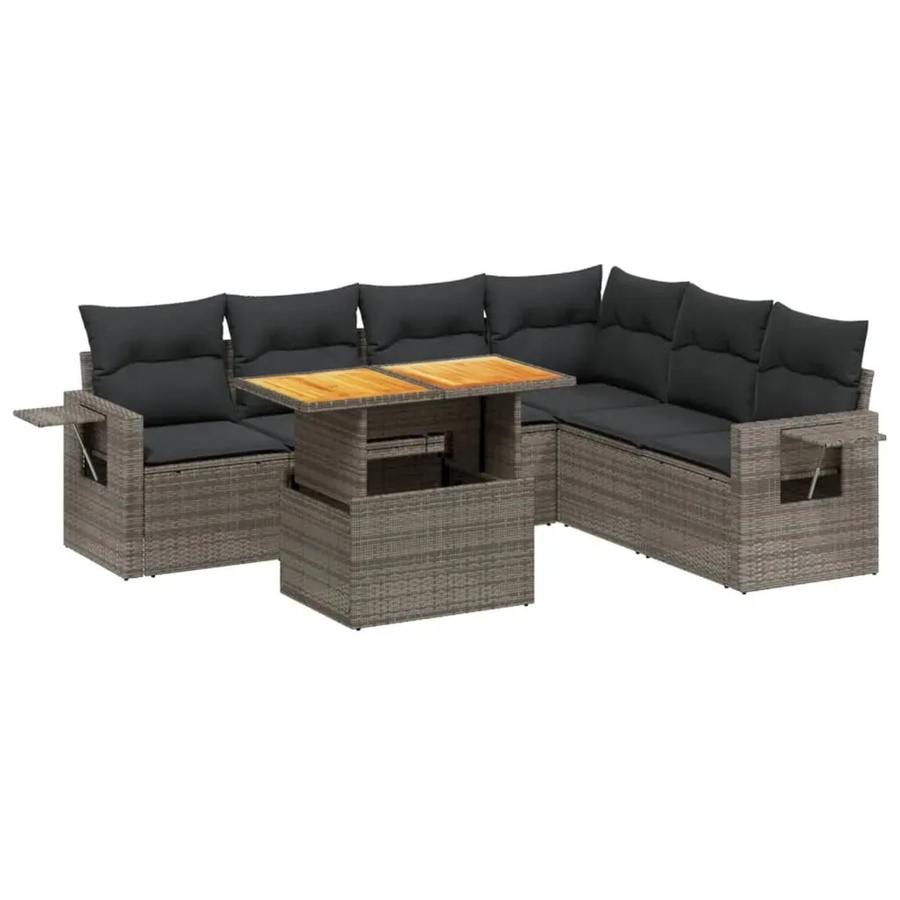 vidaXL 7-tlg Garten-Sofagarnitur in L-Form aus grauem PE-Rattan mit Kissen und Akazienholz - Bild 2