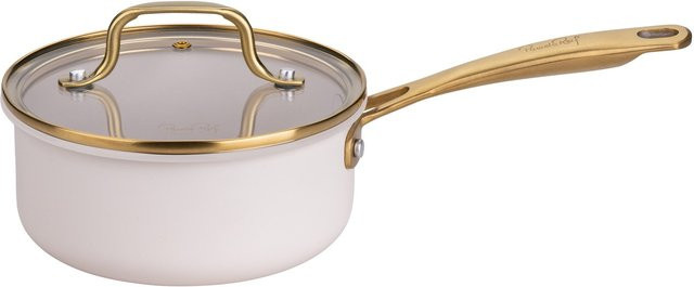 Fackelmann Pamela Signature Reif Stielkasserolle mit Deckel aus Keramik und Aluminium, Durchmesser: 16 cm, Farben: Beige, Gold, Weiß - Bild 1