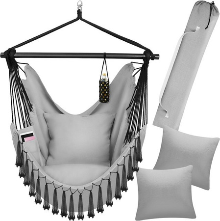 tectake Hängesessel Malika in Grau mit extra dicken Sitz- und Rückenkissen, Bücherfach und Flaschenhalterung, B/T/H: 100 x 150 x 150 cm