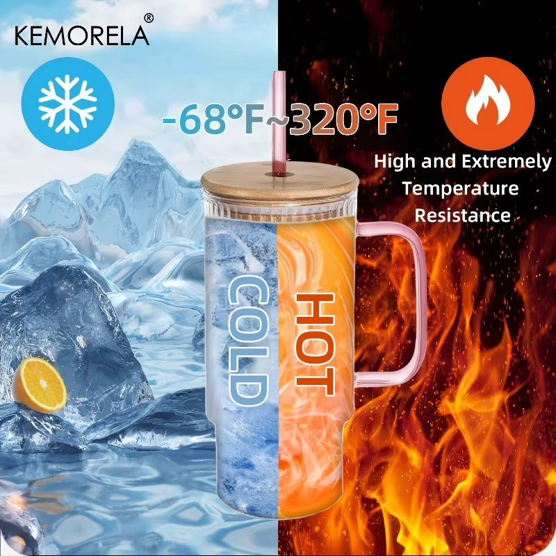 KEMORELA Glasbecher im Vintage-Stil mit Bambusdeckel und Strohhalm, 900 ml, grün/mehrfarbig - Bild 2