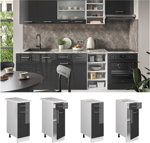 Vicco Küchenunterschrank R-Line Anthrazit Hochglanz Weiß Marmor B: 30 cm, H: 82 cm, T: 60 cm - Bild 3