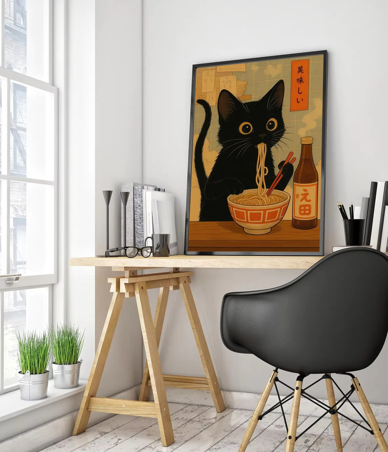 Japanisches Poster Nudelkatzen-Dieb Anime-Illustration mit Katzen und Ramen in Mehrfarbig von SHENCHEN - Bild 3