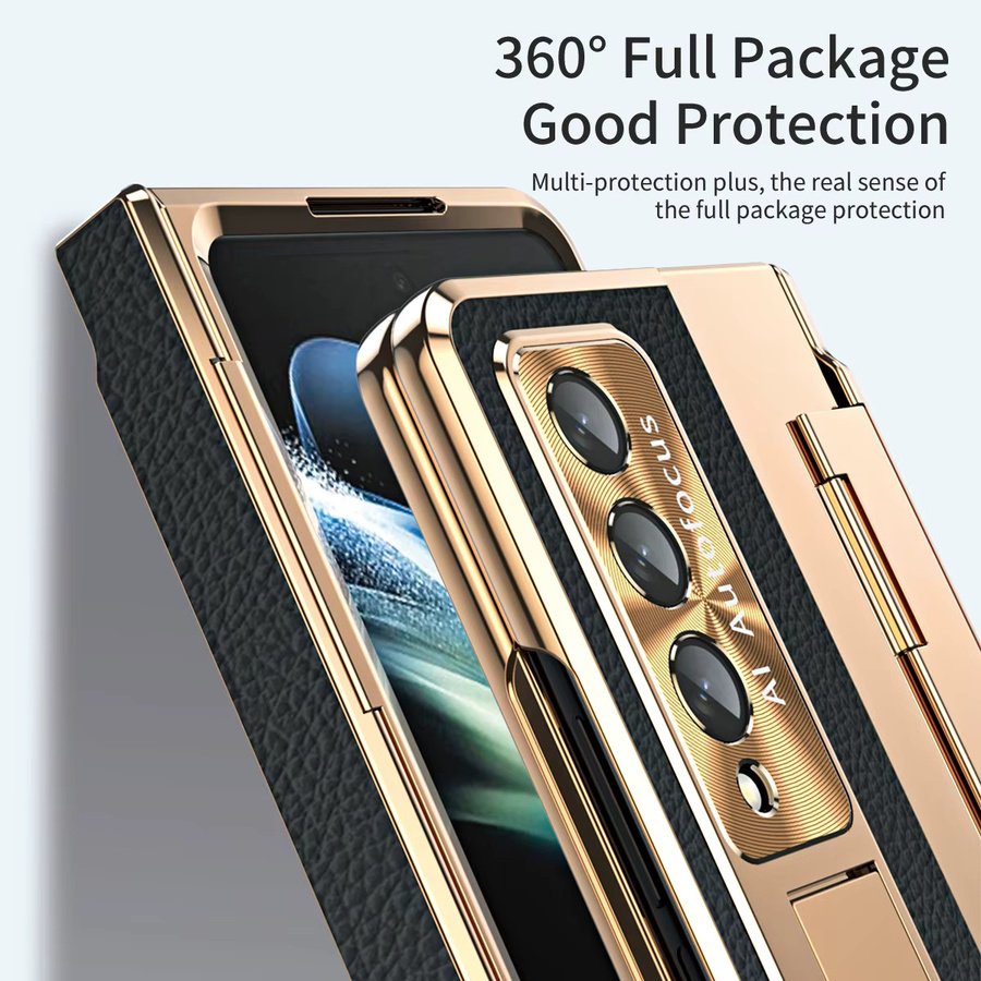 Samsung Galaxy Z Fold 3 4 5 Schutzhülle aus Leder mit Stiftschlitz, Glasfolie und Scharnierschutz in Pink - Bild 3