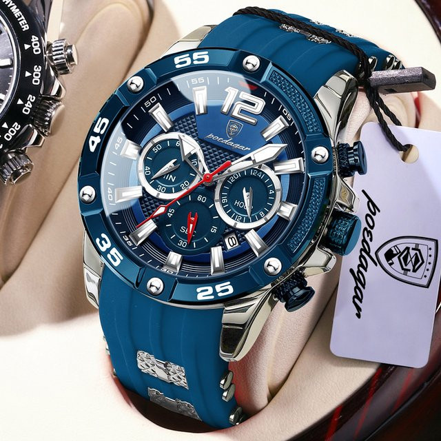POEDAGAR Armbanduhr Chronograph, Quarz, Edelstahl, Blau, Herren - Bild 1
