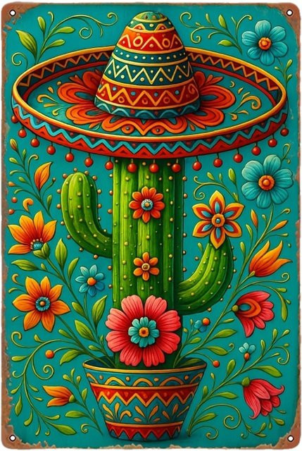 Retro Blechschild ZX ART mit mexikanischem Sombrero und Kaktus Design in Rot und Multicolour, Metallwandkunst für Zuhause, Bar oder Garage, Breite: 20 cm, Höhe: 30 cm - Bild 1