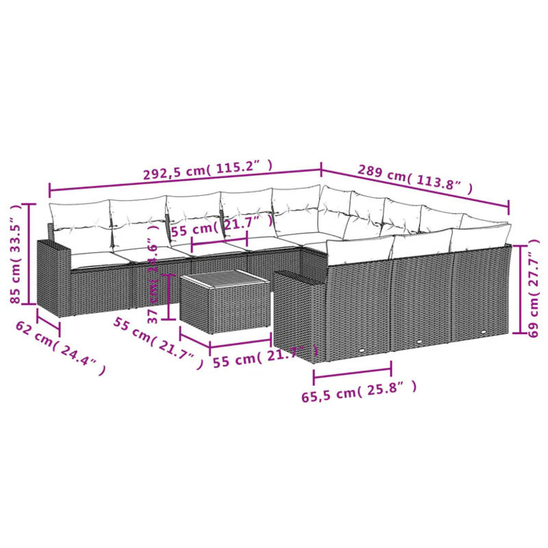 vidaXL 12-tlg Garten-Sofagarnitur aus Polyrattan mit Kissen in Schwarz - Bild 3