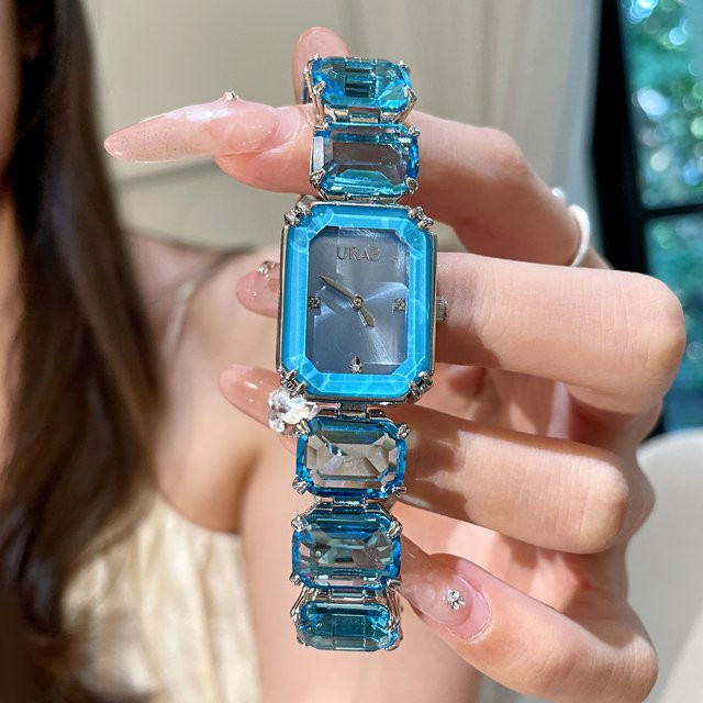 CILOA Armbanduhr Edelstahl, Quarz, eckig, Diamantbesetzt, Damen, Blau, Pink - Bild 1