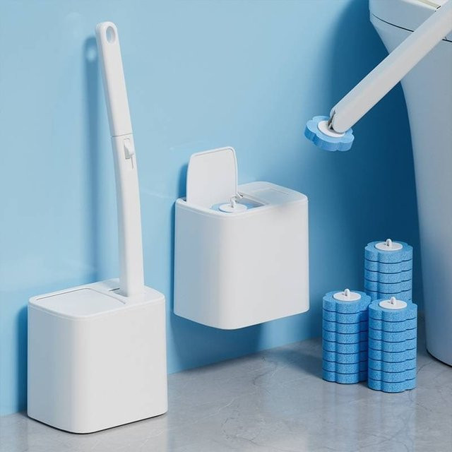 XMSJ Toilettenbürsten-Set mit Einweg-Ersatzköpfen und verlängertem Griff in Grau und Weiß - Bild 1