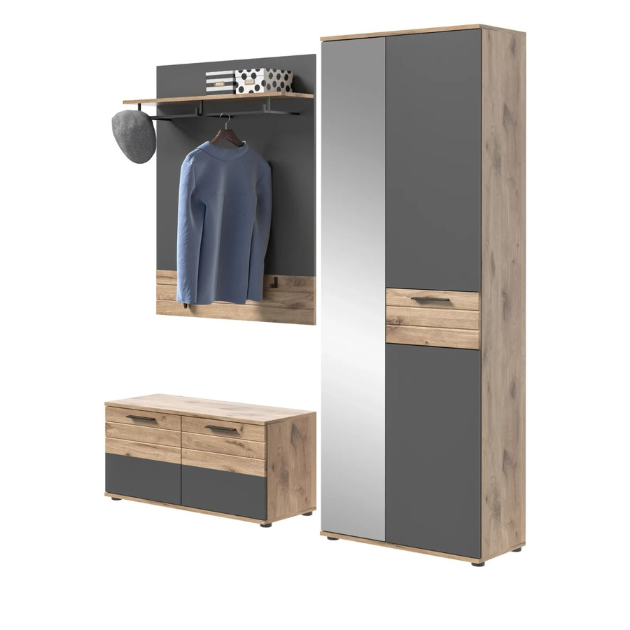 Inn.Furn Garderoben-Set Tomaso in Eiche Grau, 3-teilig mit Schuhschrank, Sitzbank und Paneel, Soft-Close, Breite: 175 cm - Bild 2