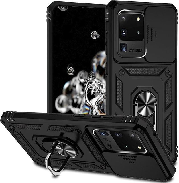 Stoßfeste Armor-Hülle für Samsung Galaxy S20 Serie mit magnetischem Halterring und Kameraobjektivabdeckung in Schwarz - Bild 1