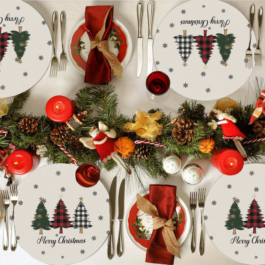 VIKAMA 4-teiliges Set runde Weihnachts-Tischsets aus Leinen mit Weihnachtsmuster für deine Tischdekoration - Bild 4