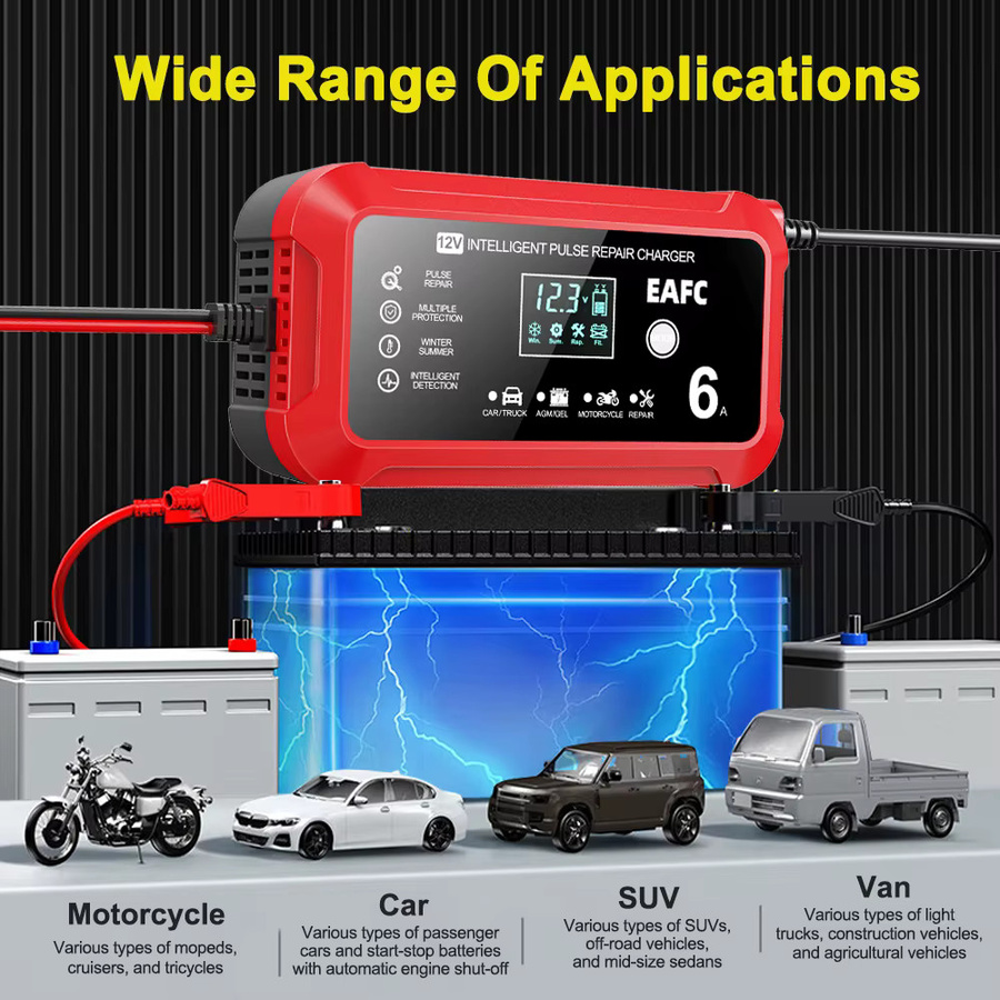 EAFC Intelligentes Impuls-Reparatur-Ladegerät 12V 6A in Rot mit LCD-Display und 6 Schutzfunktionen für Auto, Motorrad sowie AGM/GEL-Batterien - Bild 3