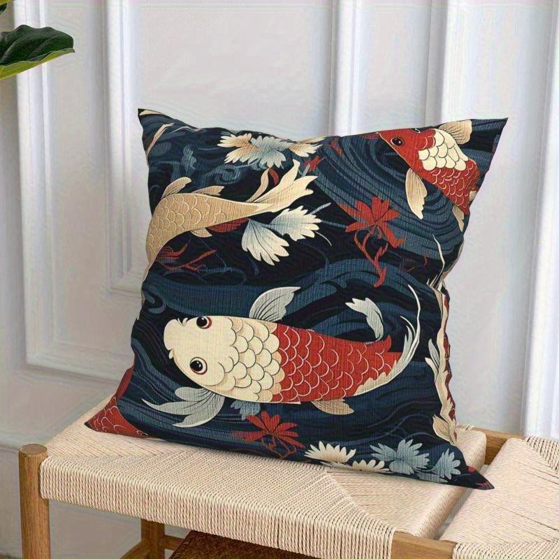 Dekokissenbezug mit Koi-Fischen und floralen Mustern von Tinika Chen in Multicolor, Material: Kurzer Plüsch, B/H: 18 x 18 cm - Bild 2
