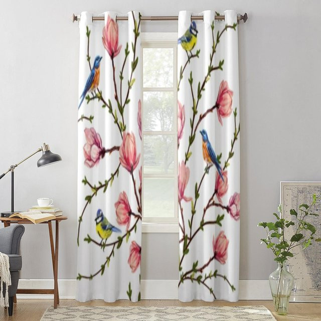 Super Six Fenstervorhang mit tropischen Magnolienblüten und Vögeln, Weiß, B: 135 cm, H: 60 cm - Bild 1
