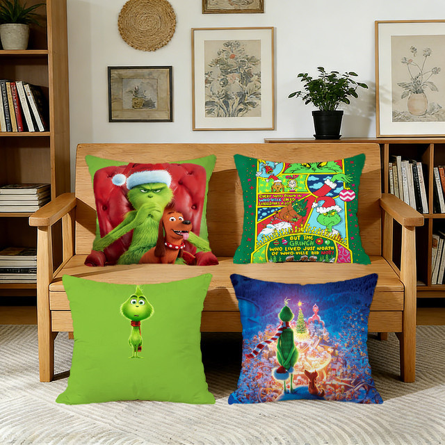 Niedliche Grinch Kissenhülle mit Cartoon-Print für Sofa und Dekoration, quadratisch, mehrfarbig - Bild 1