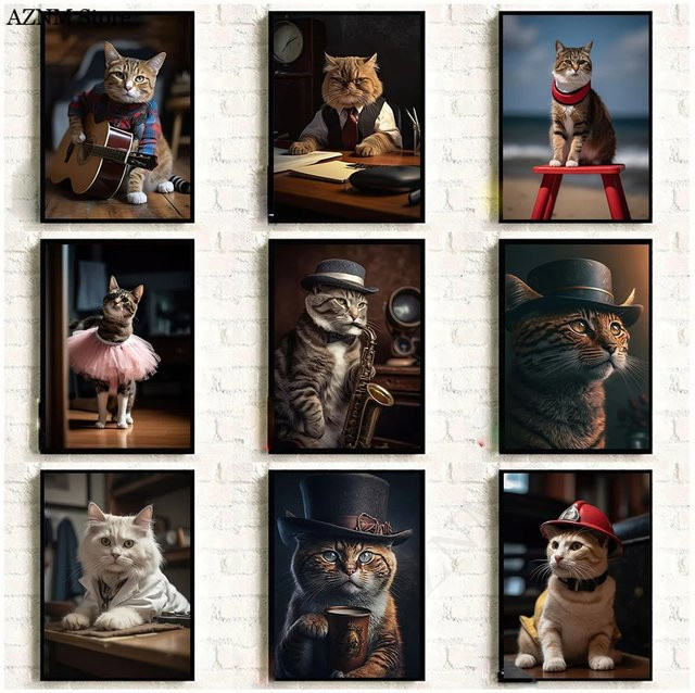 Potdemiel Katze Porträt Leinwand Wandkunst Gentleman Musiker Motiv in Mehrfarbig - Bild 1