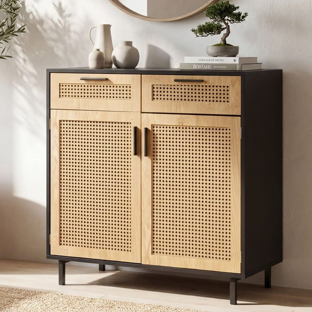 Sideboard FineBuy Anrichte mit Wiener Geflecht in Schwarz, B/H/T: 80 x 40 x 86,5 cm - Bild 1