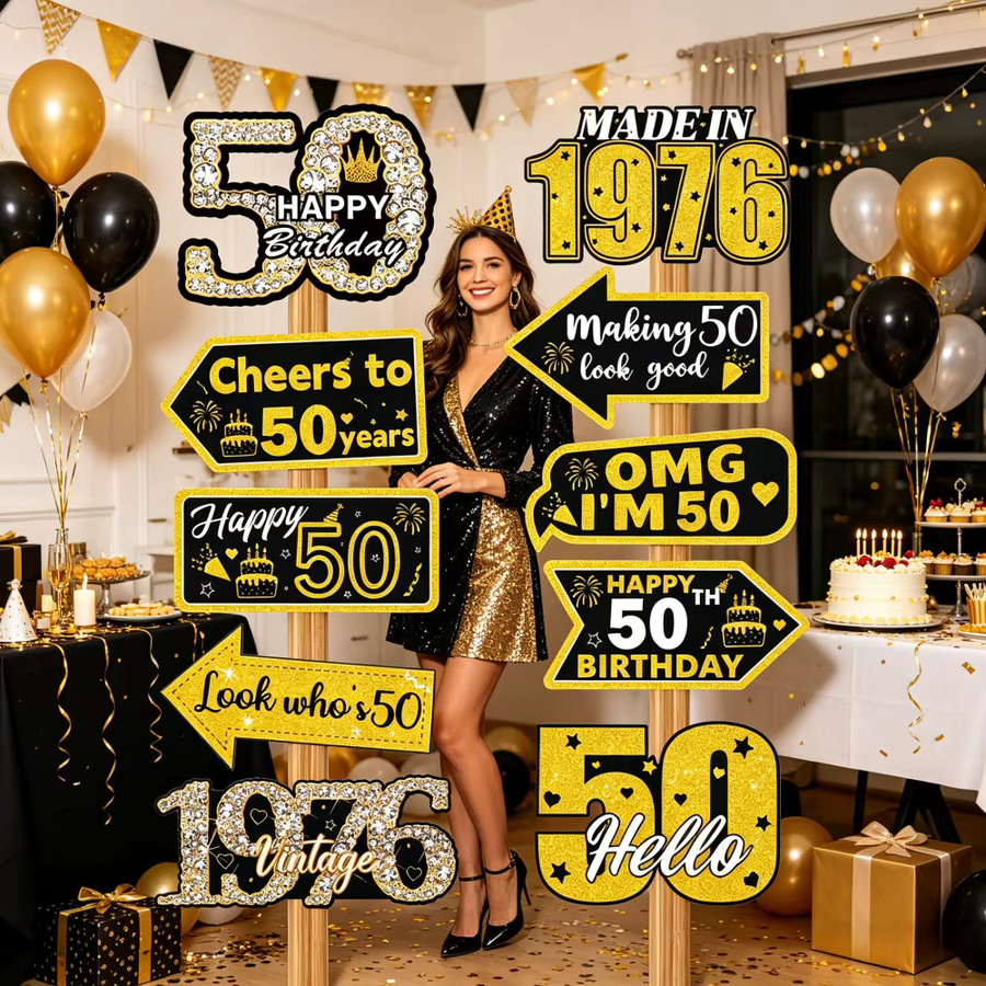 AFYPRTY 10-teiliges 50. Geburtstag Dekorations-Set in Schwarz-Gold im Vintage-Stil mit Foto-Requisiten aus Papier für deine Geburtstagsfeier - Bild 5