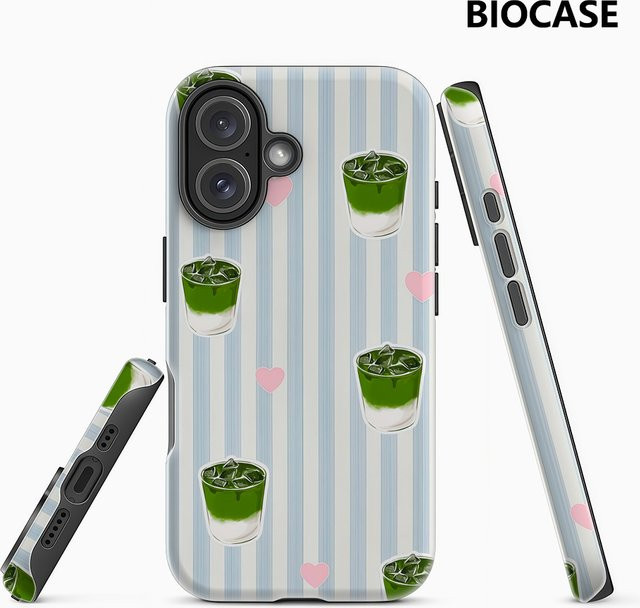 Matcha Heart Stripes Handyhülle für iPhone 17 16 15 14 13 12 Pro Max Plus mit doppelschichtiger Rückseite in Grün und Multicolour - Bild 1