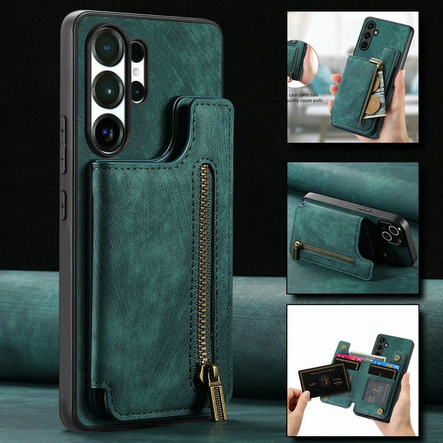 Luxus Lederhülle mit Reißverschluss und magnetischer Kartenbrieftasche für Samsung Galaxy S26 Ultra, S26 Plus und S26 Edge 5G in Grün - Bild 1