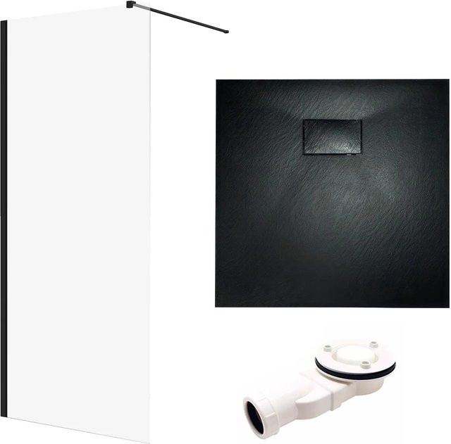 KOLMAN Walk-In Duschset mit Duschwanne aus Mineralguss in Schwarz, Duschwand B: 90 cm, H: 195 cm, Duschwanne B: 90 cm, T: 90 cm - Bild 1