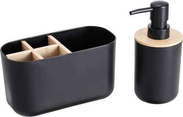 Sensation Badezimmer-Set aus Bambus und Kunststoff in Schwarz mit Seifenspender und Aufbewahrungsbecher