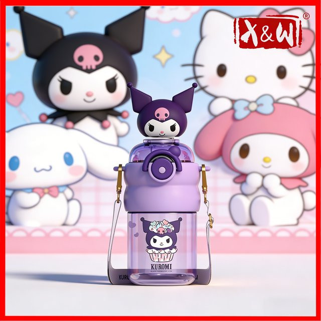 X&W Sanrio Schüttelkopf-Strohhalmbecher mit Trageseil, lila Wasserflasche für Schule und Büro, 600 ml - Bild 1
