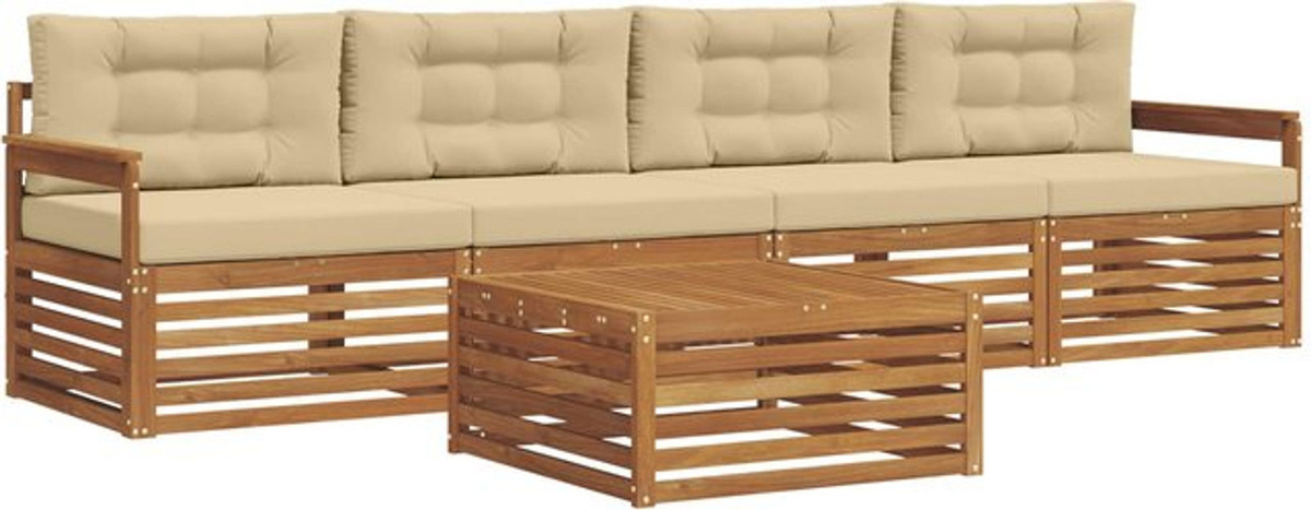 Modernes Outdoor-Sofagarnitur Set aus Akazien-Massivholz mit Kissen, 5-teilig, vidaxl, Natur und Beige - Bild 1
