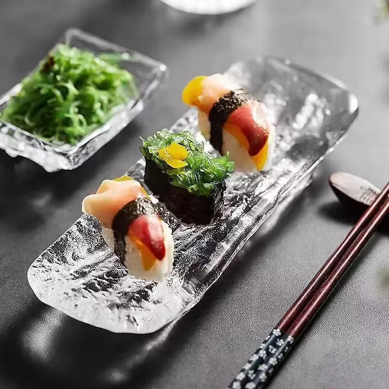 Rechteckiger Glas-Sashimi-Sushi-Teller in Transparent zum Servieren von Sushi, Dips oder Desserts - Bild 2