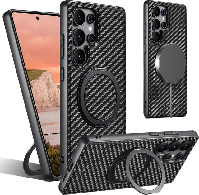 SUTENI Kohlefaser-Handyhülle in Schwarz für Samsung Galaxy S26 Ultra, S25, S24, S23, S22 mit 360 Grad drehbarem Ständer aus PU-Leder und Ringschnalle, kabelloses Laden möglich - Bild 1