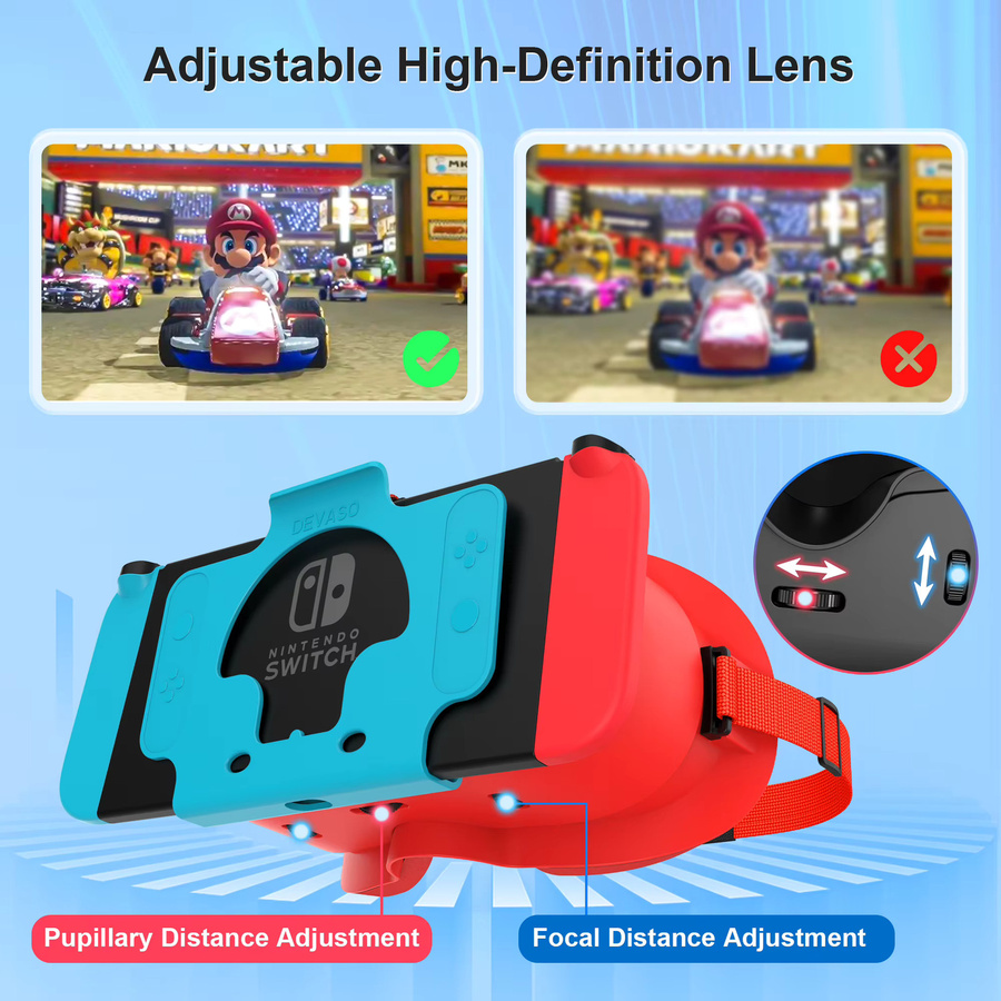 DEVASO VR-Headset für Nintendo Switch OLED 3D-Brille für virtuelle Realität und Filme mit verstellbaren großen Linsen in Rot - Bild 2