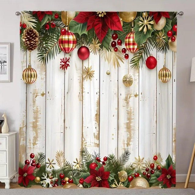 2 Stück Festliche Weihnachtsvorhänge mit Weihnachtsmann- und Baum-Design aus Polyester, halbtransparent, Mehrfarbig, B: 50 cm, H: 160 cm - Bild 1