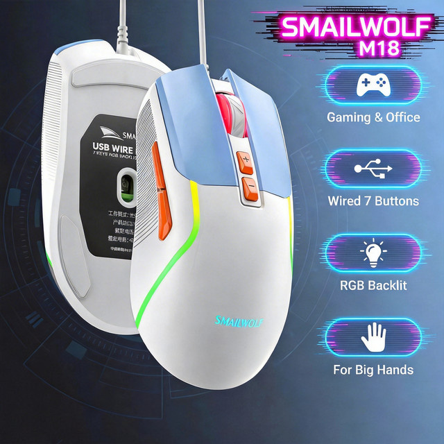 SMAILWOLF M18 Gaming Maus mit Beleuchtung, USB-Kabel, 3600 DPI, Schwarz/Grau - Bild 1