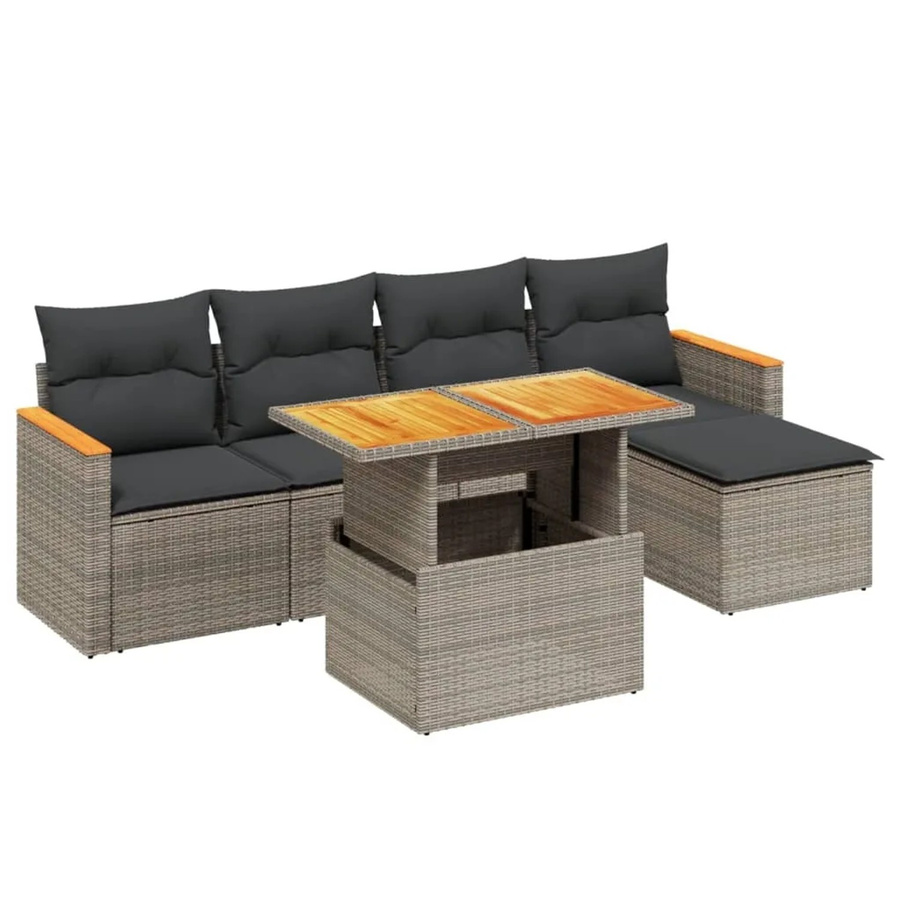 vidaXL 6-teilige Garten-Sofagarnitur aus Poly-Rattan und Akazienholz in Grau mit UV-beständigen Kissen - Bild 2