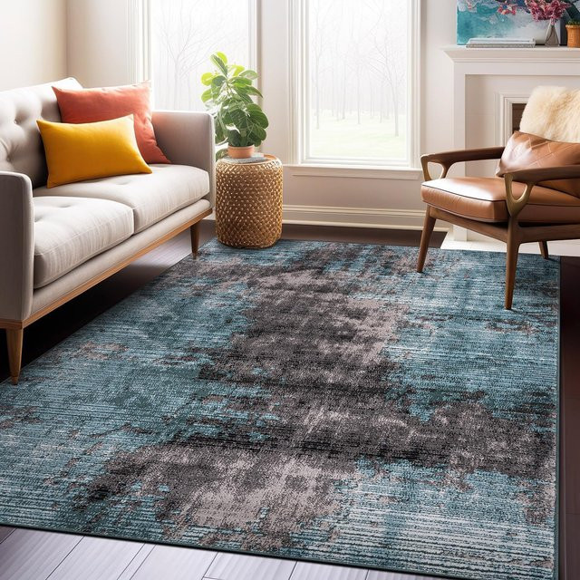 HGHT Moderner abstrakter Design-Bereichsteppich aus Polyester, blau, rutschfest und waschbar, B/T: 60 x 40 cm - Bild 1