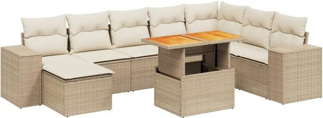 vidaXL 9-teilige Garten-Sofagarnitur aus Poly-Rattan und Akazienholz in Beige-Creme mit Kissen - Bild 1