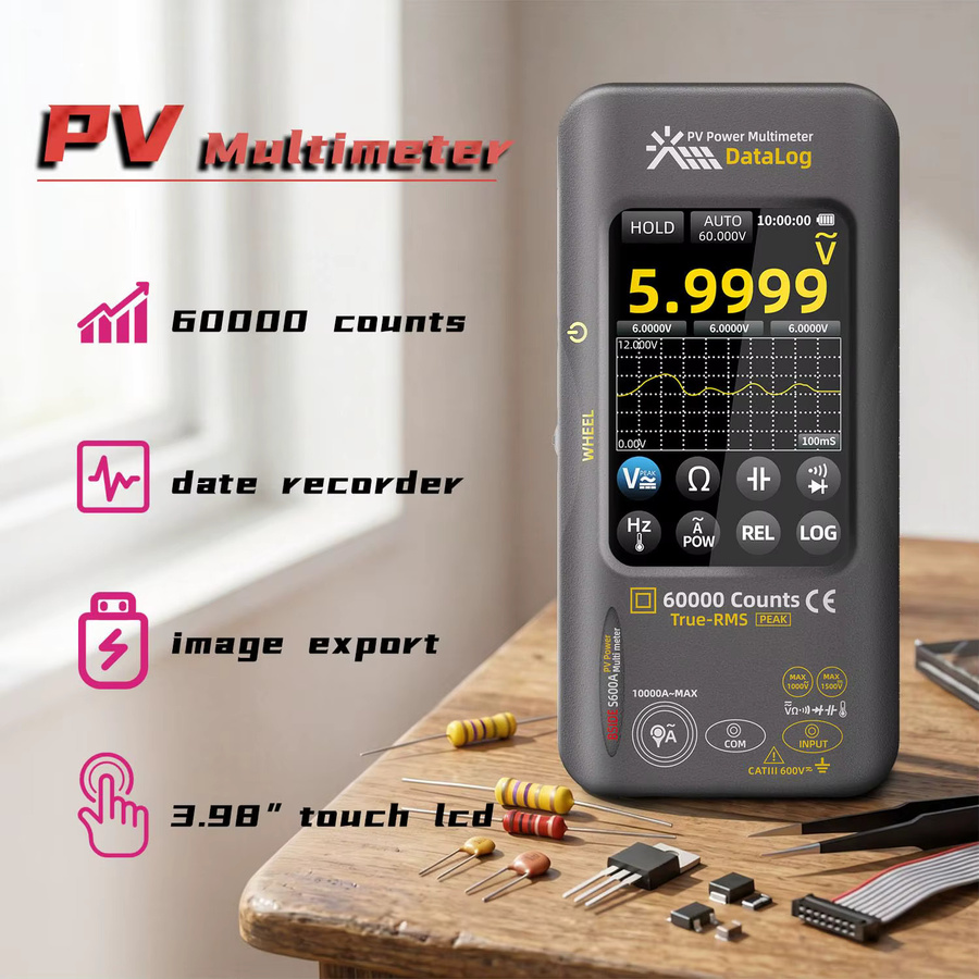 BSIDE PV Digital-Multimeter mit 60.000 Messwerten, Multitester zur Leistungsmessung mit 10.000A flexiblem AC-Klemmdraht, Datenaufzeichnungsgerät mit 3,98 Zoll Touch-LCD, 1500VDC/1000VAC, Farbe: Schwarz - Bild 2