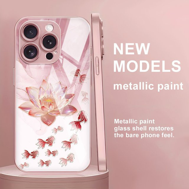Lotusblüten Handyhülle aus gehärtetem Glas für iPhone 17 Pro Max, 16, 15, 14, 13, 12 und 11 in Pink - Bild 1
