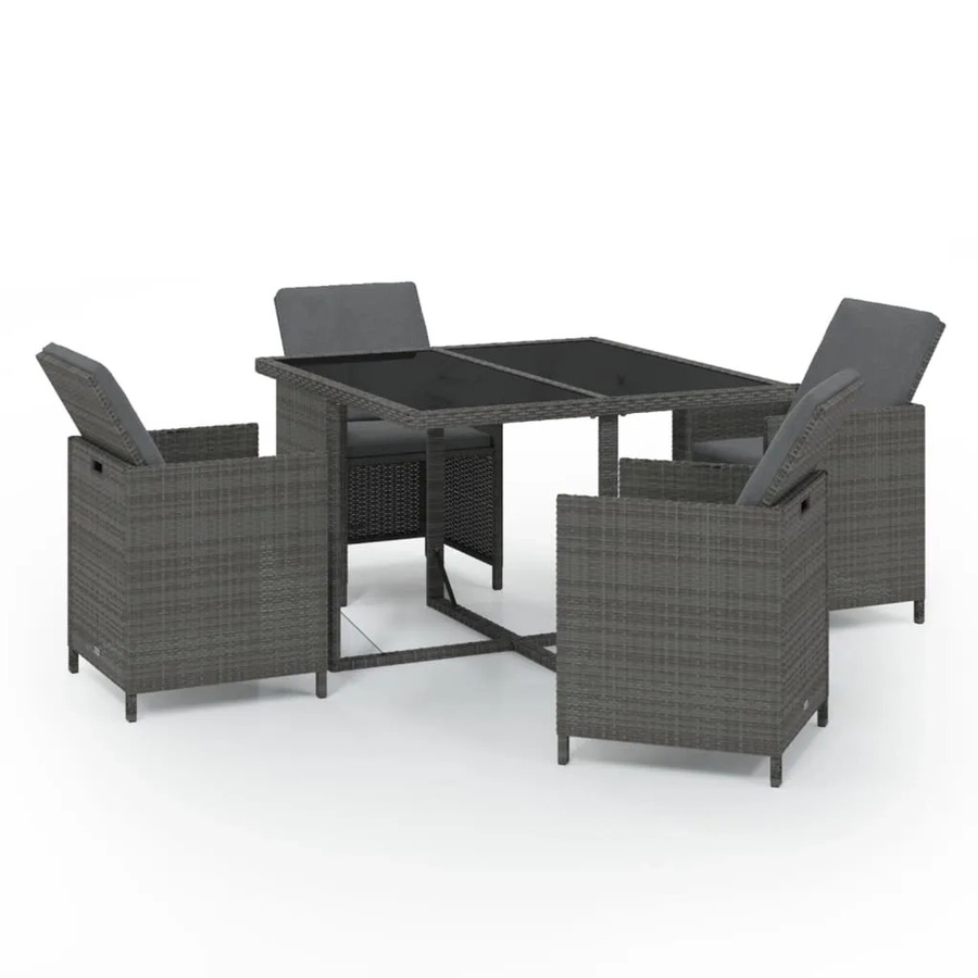 vidaXL 5-tlg Garten-Essgruppe aus Poly Rattan in Grau mit Auflagen und Glastisch - Bild 2