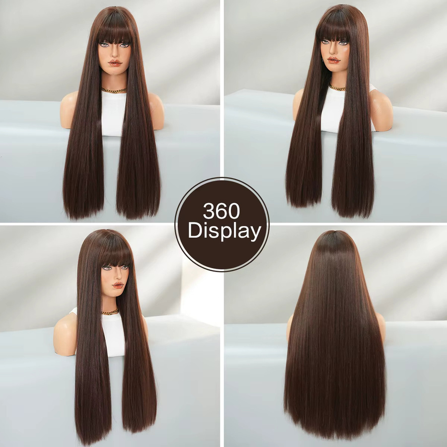 7JHH WIGS Kunsthaarperücke für Damen, mokkabraun, lang, glatt, mit Pony - Bild 3