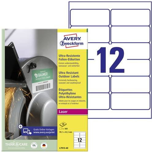 Avery Zweckform L7913-40 Universal-Etiketten aus weißer Polyethylenfolie für Laser, DIN A4, 480 Stück - Bild 1