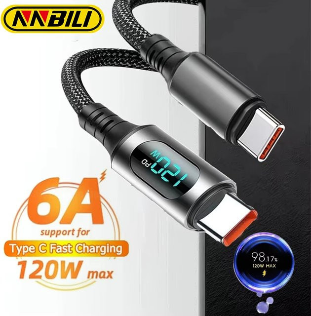 NNBILI 120W USB-A auf USB-C Kabel mit Digitalanzeige für superschnelles Laden 6A Typ-C Ladekabel für Huawei - Bild 1
