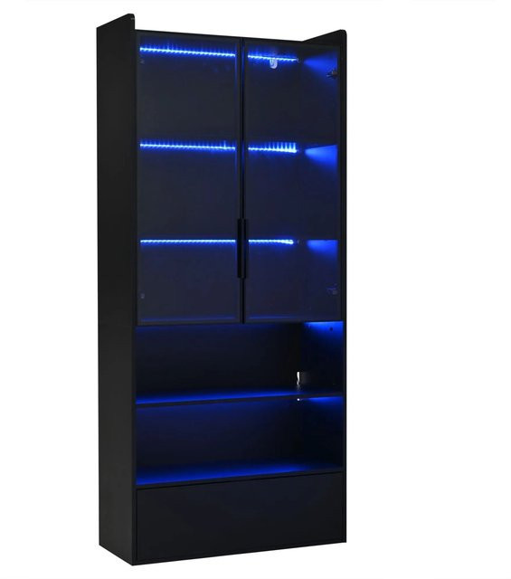 Merax Vitrine in Schwarz mit Glas Türen und integrierter LED-Beleuchtung, B/T/H: 80 x 34 x 180 cm - Bild 1