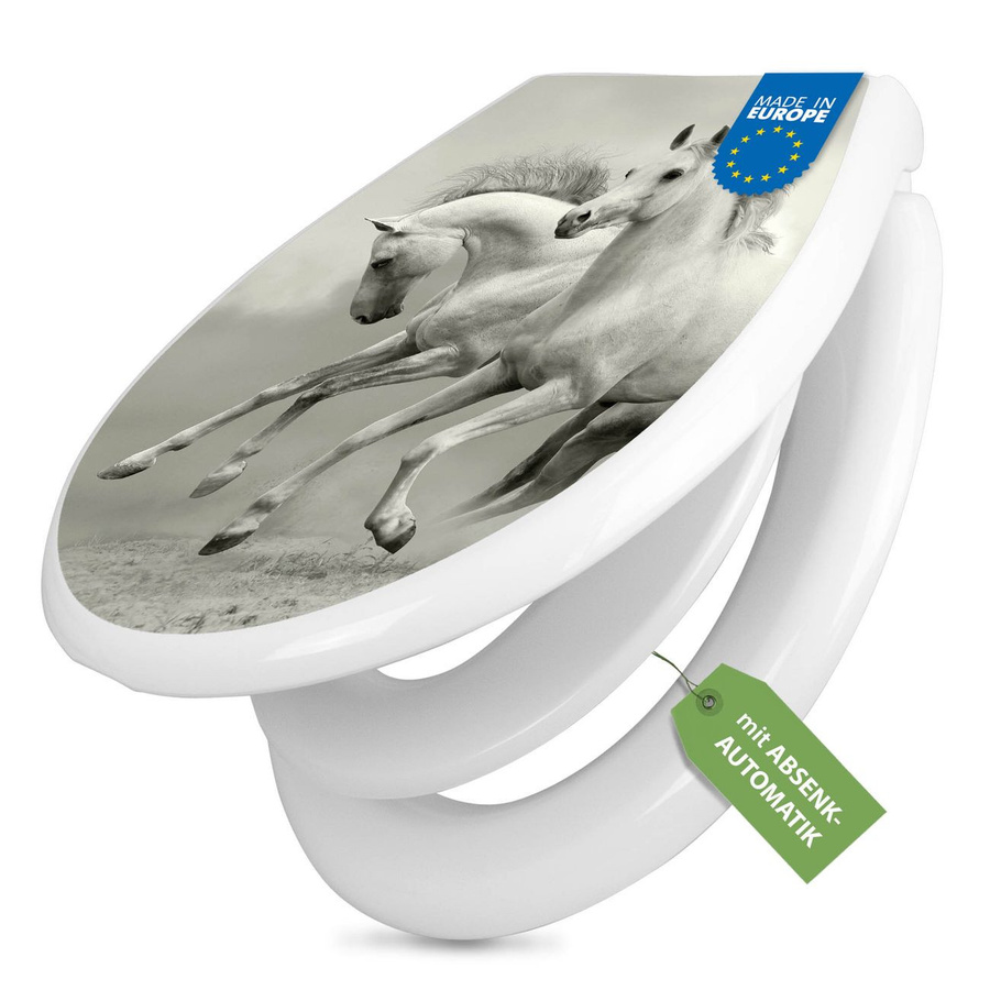 banjado Premium WC-Sitz O-Form mit Absenkautomatik und Kindersitz aus Duroplast in Weiß mit Wildpferde-Motiv - Bild 1